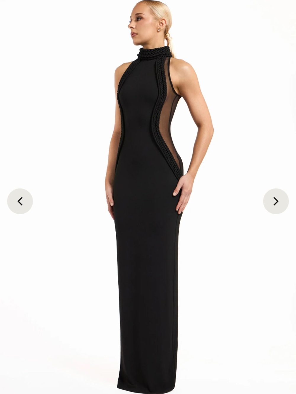 YG COLLECTION Black Halter Maxi Dress with Braided Neckline and Sheer Side
